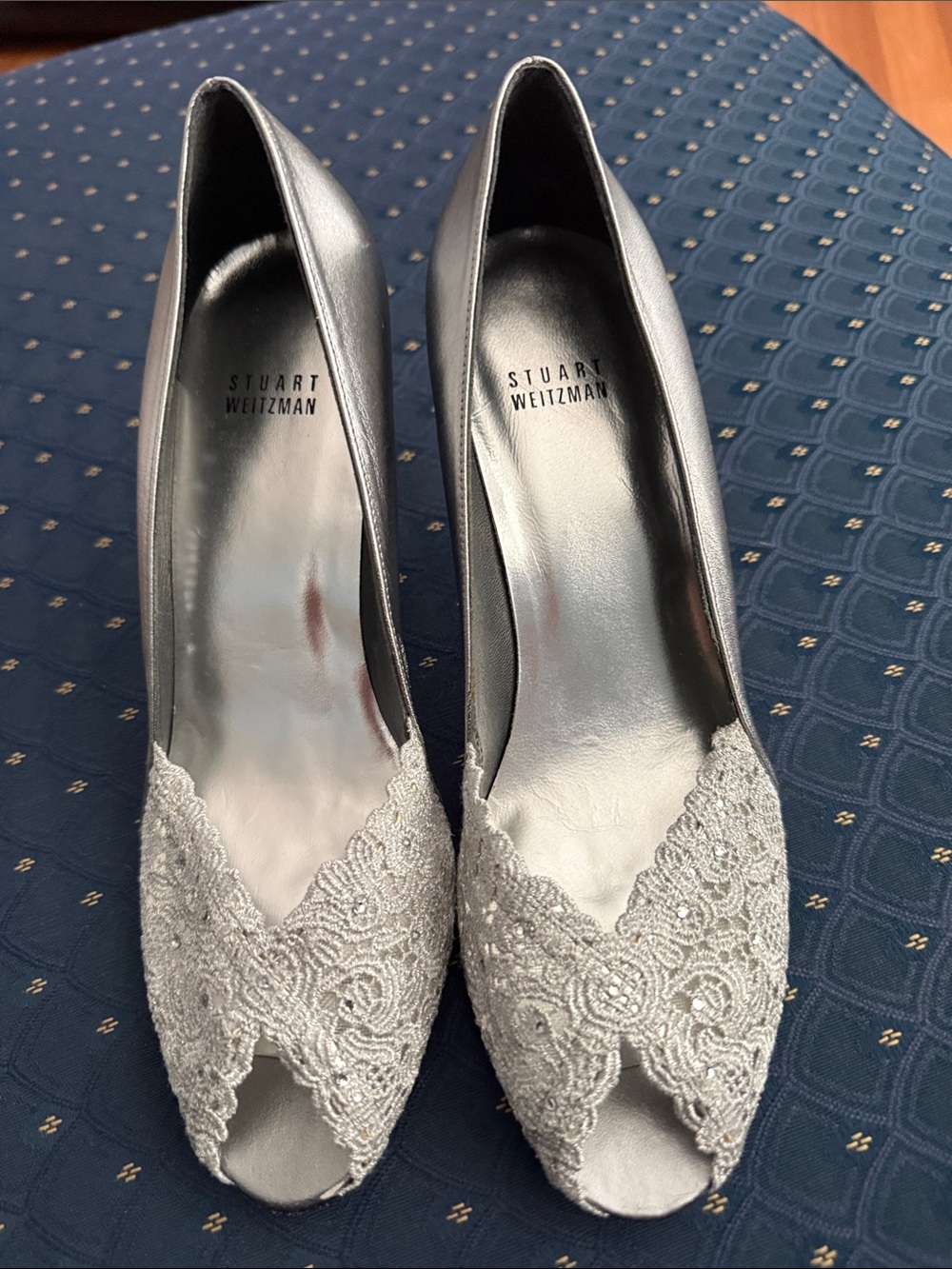 Stuart Weitzman Silver Lace Peep-Toe Heels